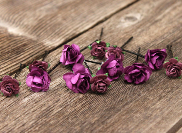Flower Hair Pins Bridal Hair Accessories in Purple Plum Roses